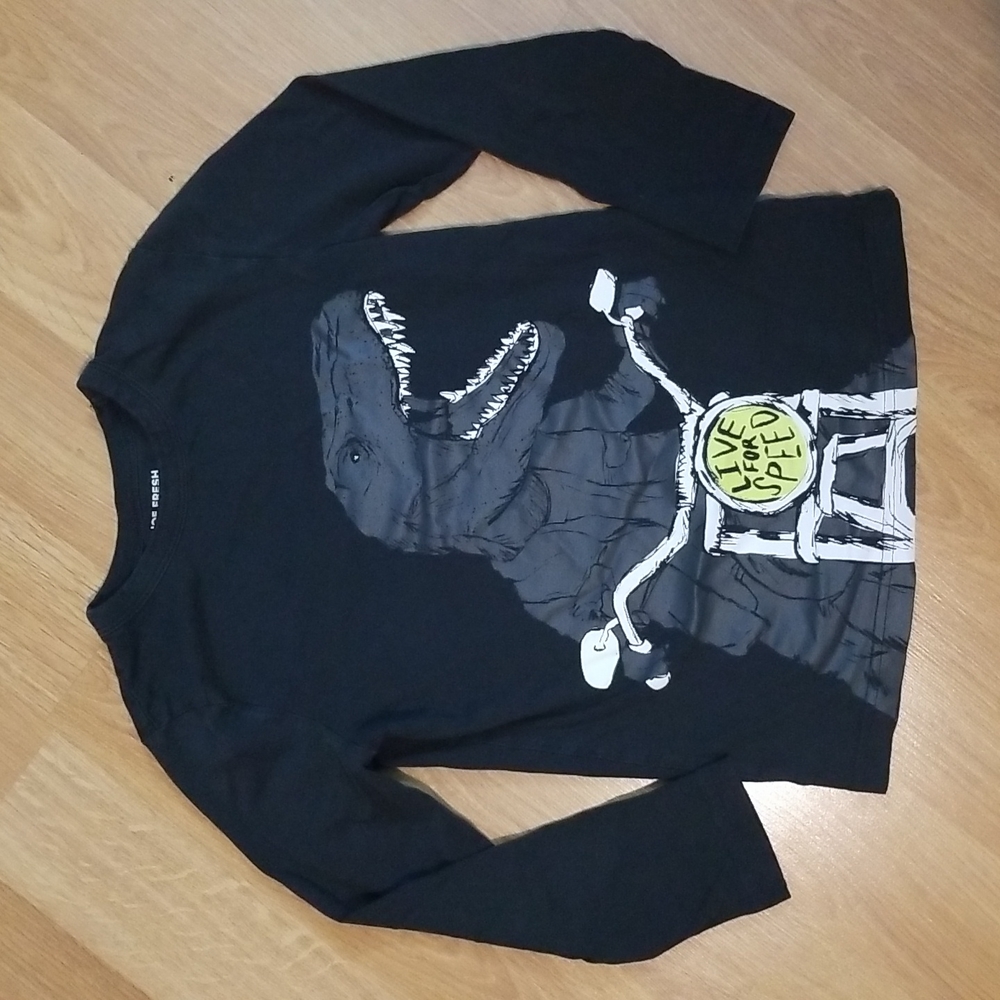 Joe Fresh boys black long sleeve shirt with dinosaur graphic kids medium 7-8